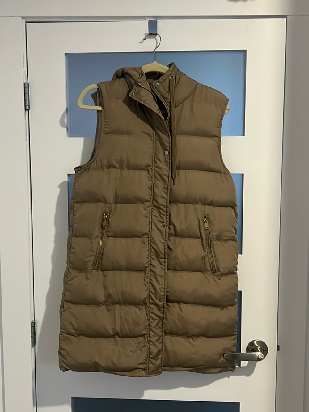 Sleeveless Long Puffer Vest with Hood - Brown